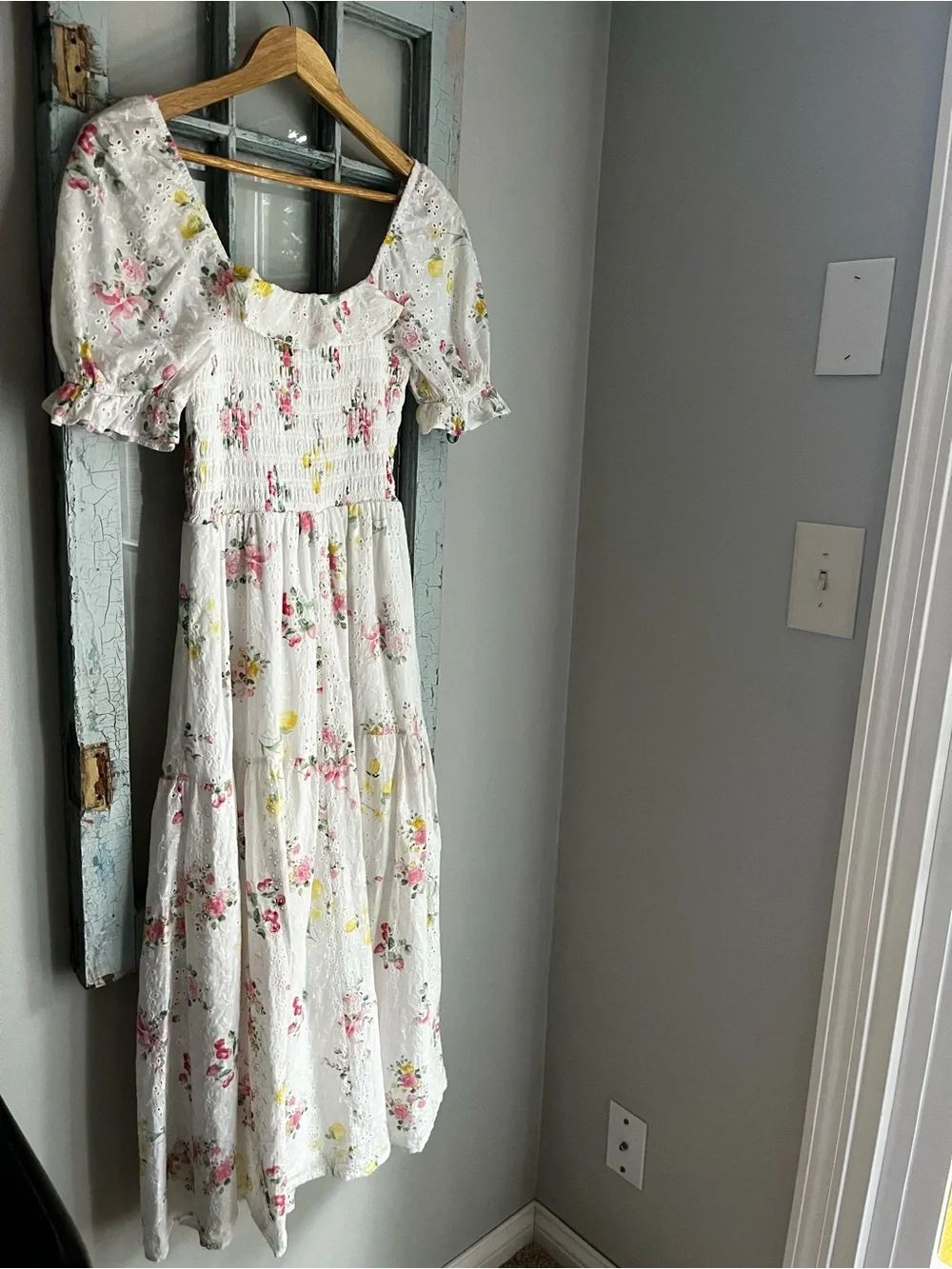 Crystal Sky Floral Eyelet Smocked Midi Dress - Size XS